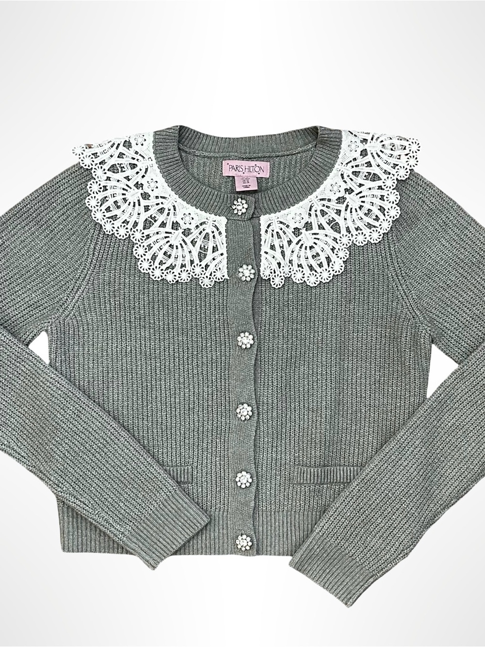 Paris Hilton Gray Cardigan with Decorative Lace Collar - Picture 2 of 5